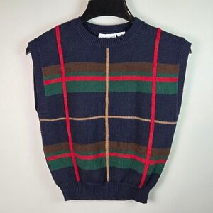 Russ Petites Sweater Vest Women S Blue Excellent Plaid Crew Neck Vintage Knit